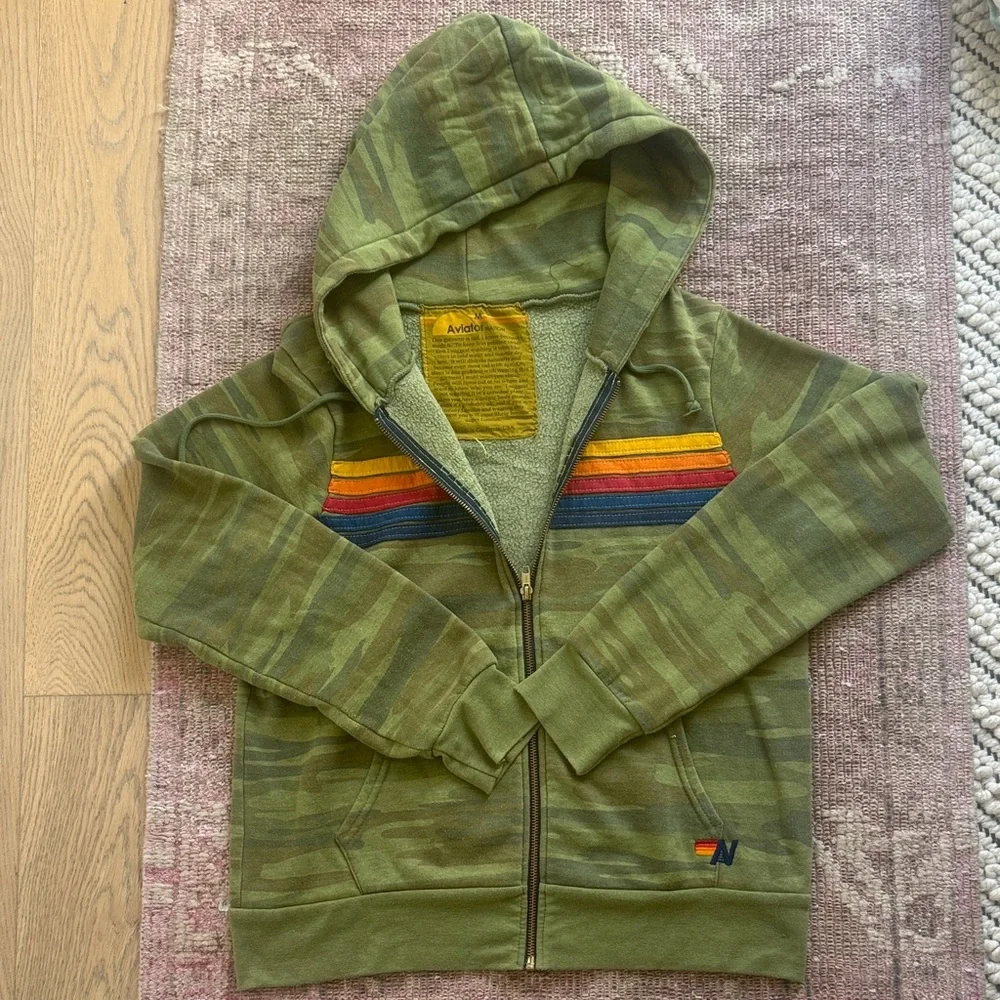 Aviator Nation Green Camo Hoodie with Colorful Stripes - Picture 1 of 5